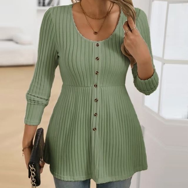 Buttoned Scoop Neck Ribbed Long Sleeve Top