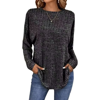 Melange Ribbed Crew Neck Long Sleeve Top