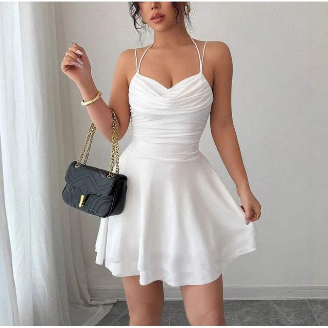 Spaghetti Strap Cowl Neck Plain Slim-Fit Mini A-Line Dress