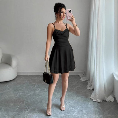 Spaghetti Strap Cowl Neck Plain Slim-Fit Mini A-Line Dress