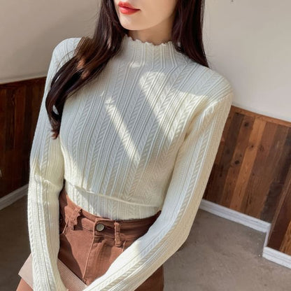 Nursing Knit Top with Mock Neck and Scalloped Trim