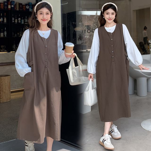 Maternity Crew Neck Blouse with Half-Button Midi Dress