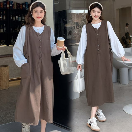 Maternity Crew Neck Blouse with Half-Button Midi Dress