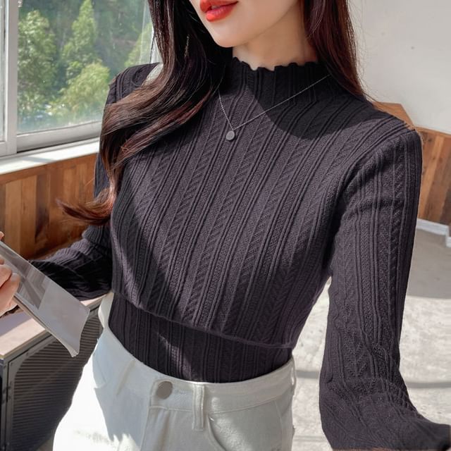 Nursing Knit Top with Mock Neck and Scalloped Trim