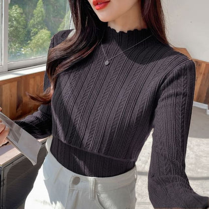 Nursing Knit Top with Mock Neck and Scalloped Trim