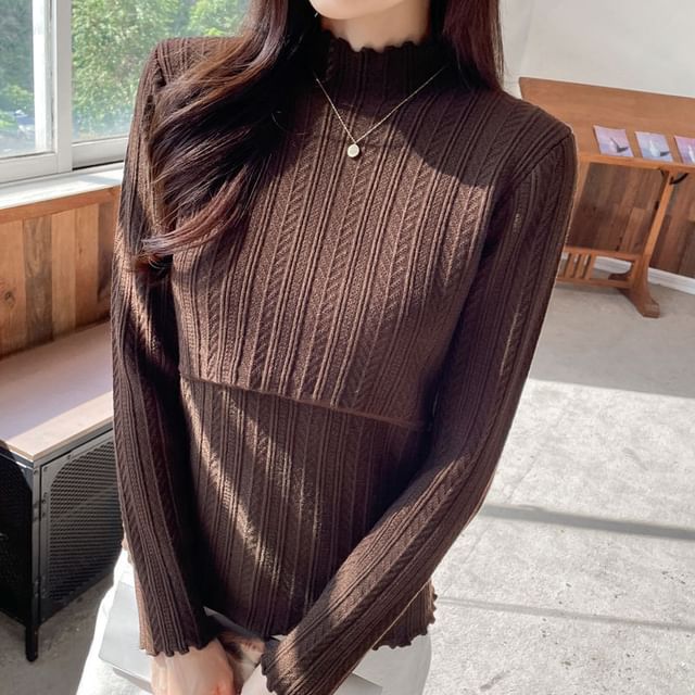 Nursing Knit Top with Mock Neck and Scalloped Trim