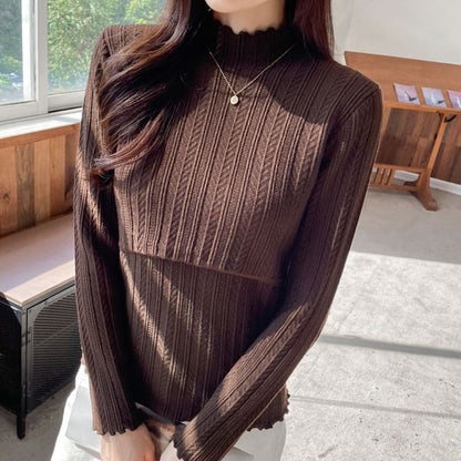Nursing Knit Top with Mock Neck and Scalloped Trim