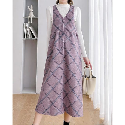 Maternity Mock Neck Tee with Plaid Button-Up Midi Dress