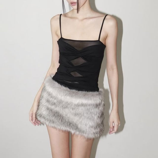 Spaghetti Strap Faux Fur Panel Sheer Mini Bodycon Dress