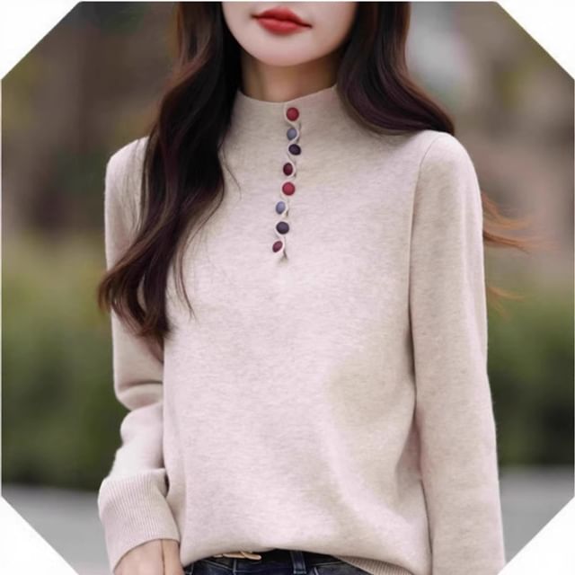 Henley Style Mock Neck Sweater