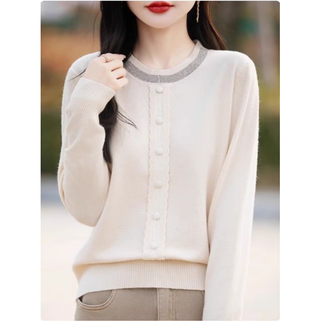 Rhinestone Crew Neck Sweater in Solid Tone