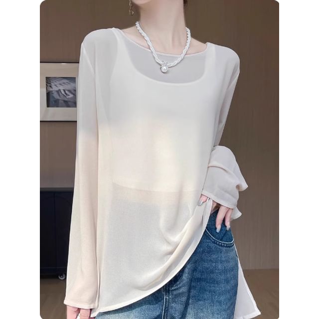Crew Neck Long Sleeve Knit Top Solid
