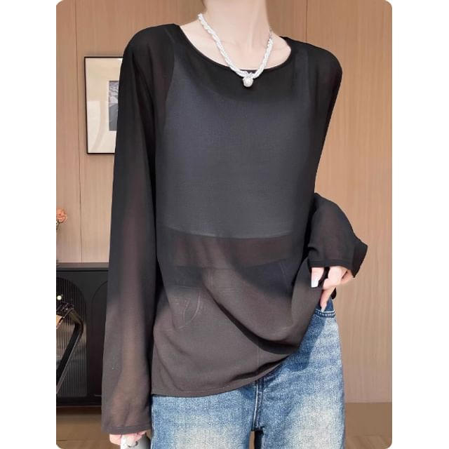 Crew Neck Long Sleeve Knit Top Solid