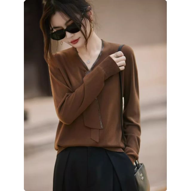 V-Neck Long Sleeve Solid Sweater