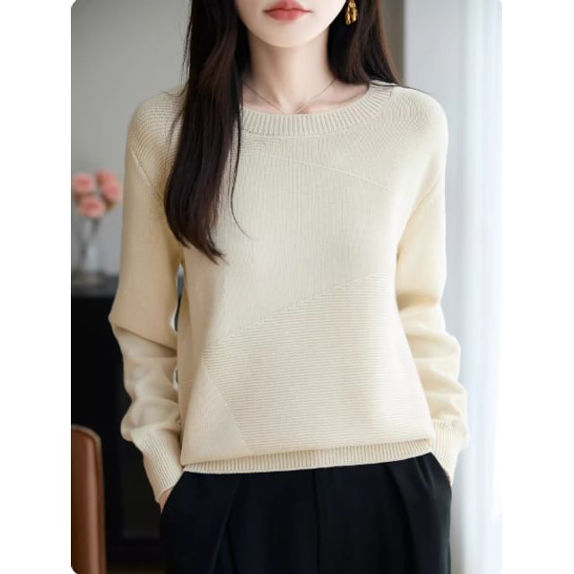Ribbed Knit Crew Neck Sweater in Solid