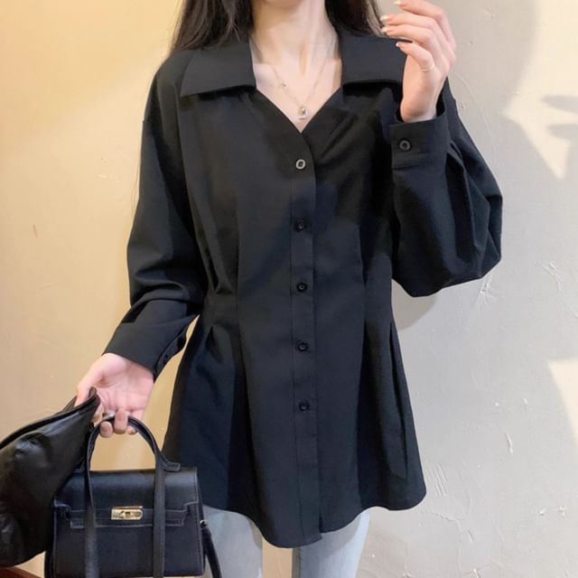 Elegant Long-Sleeve V-Neck Collared Button-Up Top