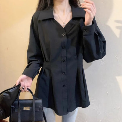 Elegant Long-Sleeve V-Neck Collared Button-Up Top