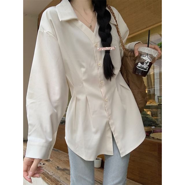 Elegant Long-Sleeve V-Neck Collared Button-Up Top