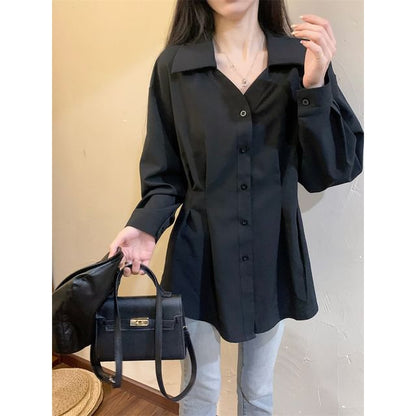 Elegant Long-Sleeve V-Neck Collared Button-Up Top