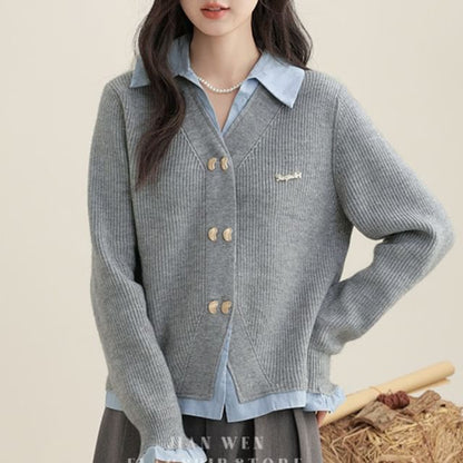 Double-Breasted Mock Two-Piece Collared Knit Sweater