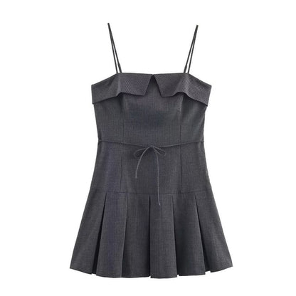 Spaghetti Strap Striped Pleated Tie Waist Mini A-Line Dress