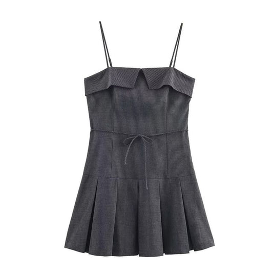 Spaghetti Strap Striped Pleated Tie Waist Mini A-Line Dress