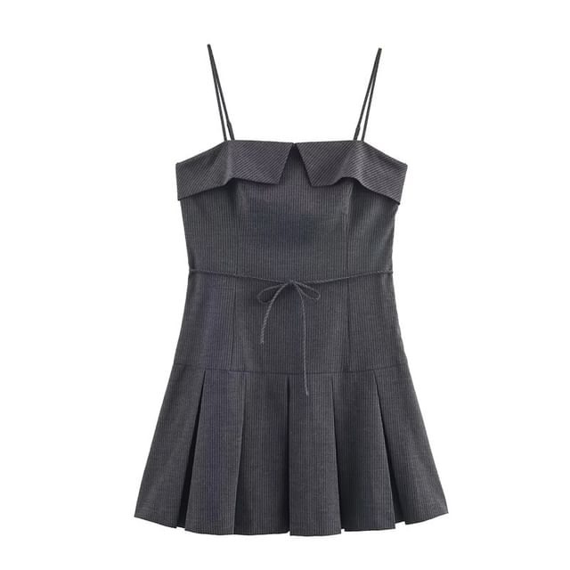 Spaghetti Strap Striped Pleated Tie Waist Mini A-Line Dress