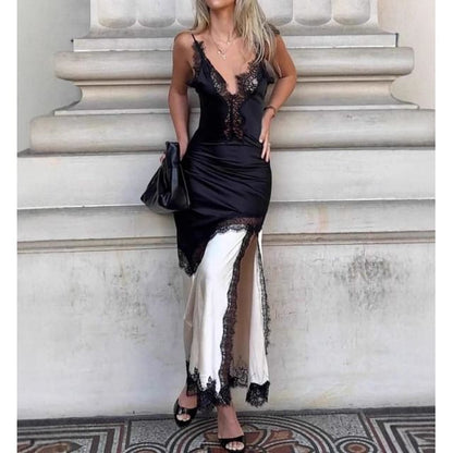 Spaghetti Strap V-Neck Color-Block Lace-Trim Slit Maxi Bodycon Dress