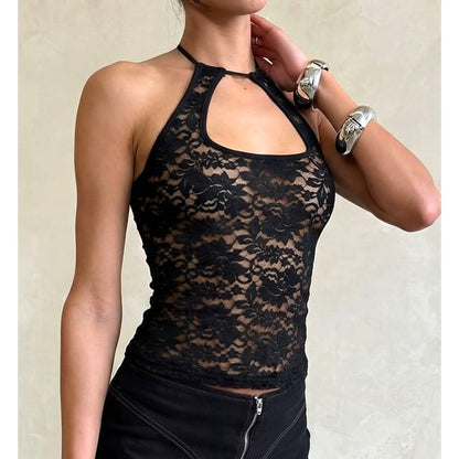 Halter Neck Plain Lace See-Through Slim-Fit Tank Top