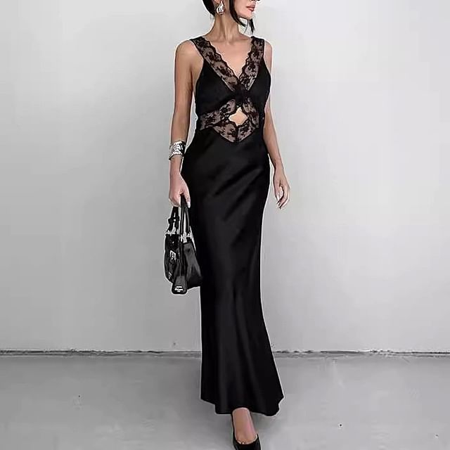 Sleeveless V-Neck Lace Panel Cut-Out Satin Maxi Bodycon Dress