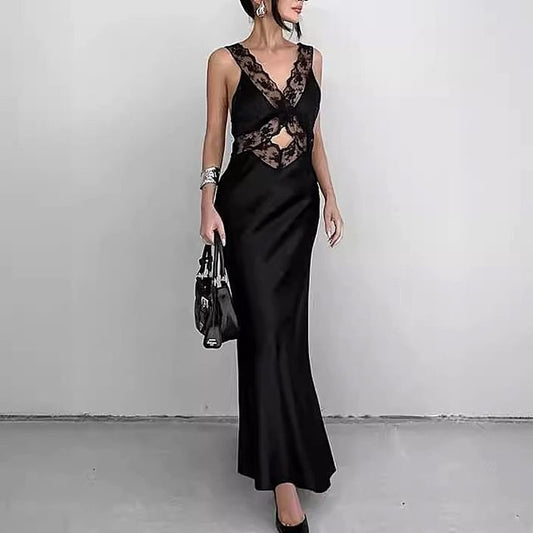 Sleeveless V-Neck Lace Panel Cut-Out Satin Maxi Bodycon Dress