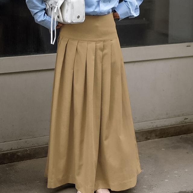 High Waist Plain Maxi Pleated Skirt