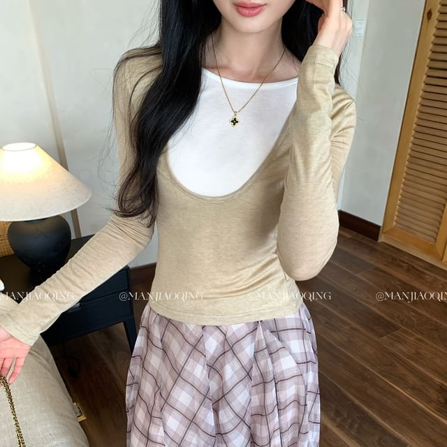 Crew Neck Mock Two-Piece Slim Fit Long Sleeve Tee