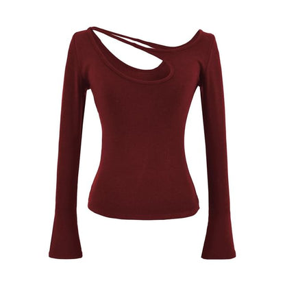 Asymmetrical Neck Cutout Slim Fit Long Sleeve Tee