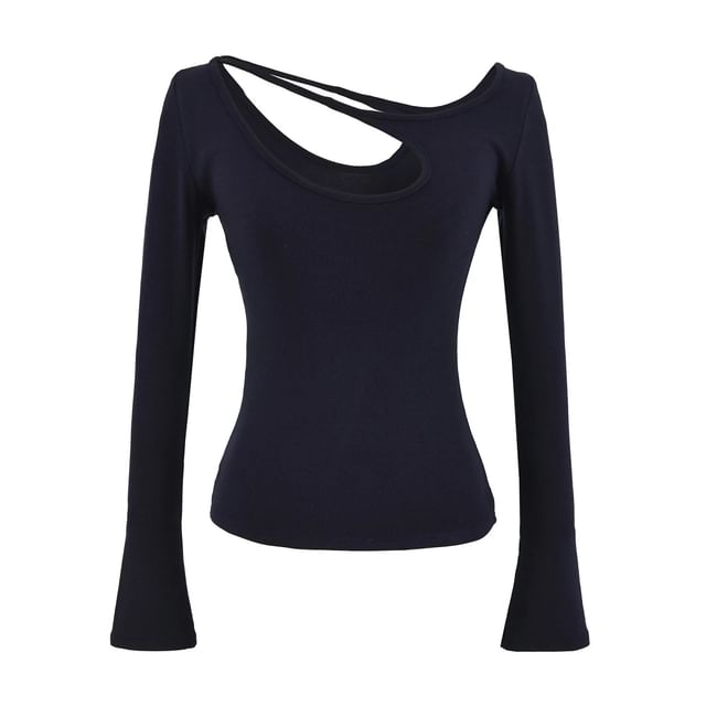 Asymmetrical Neck Cutout Slim Fit Long Sleeve Tee