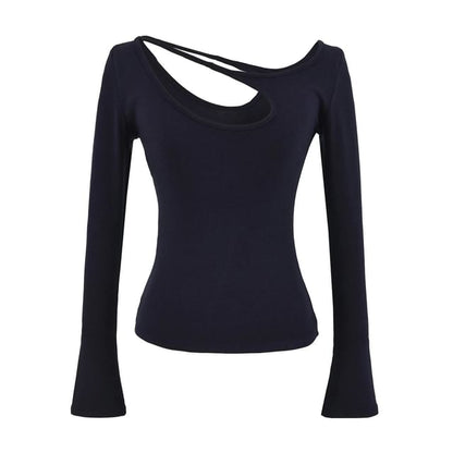 Asymmetrical Neck Cutout Slim Fit Long Sleeve Tee