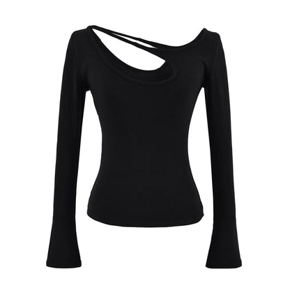 Asymmetrical Neck Cutout Slim Fit Long Sleeve Tee