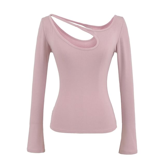 Asymmetrical Neck Cutout Slim Fit Long Sleeve Tee