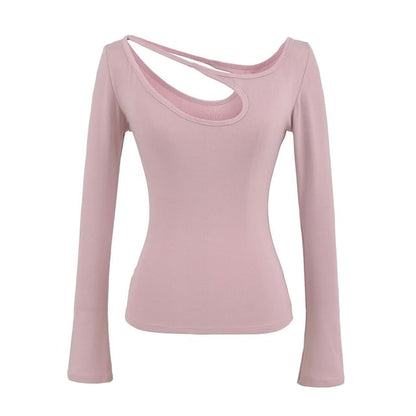 Asymmetrical Neck Cutout Slim Fit Long Sleeve Tee