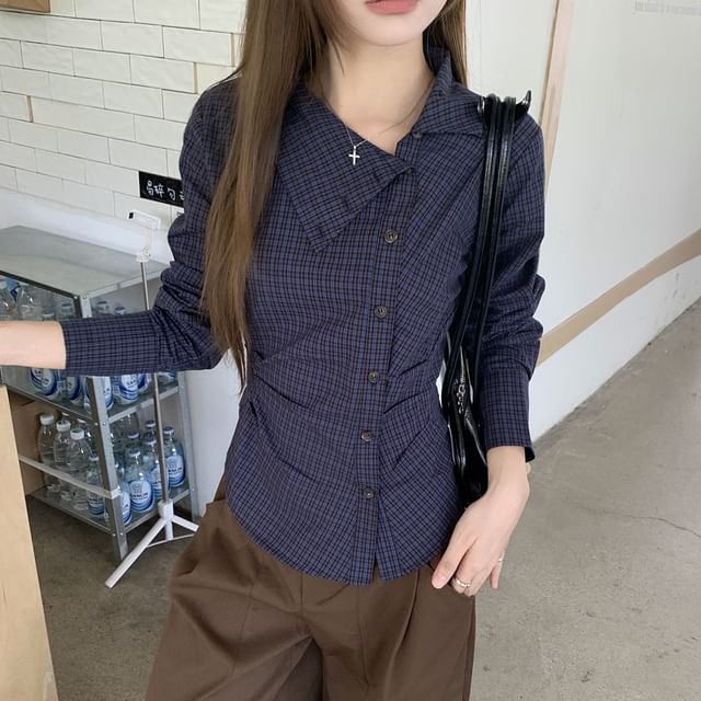 Plaid Ruched Shirt with Asymmetrical Neckline