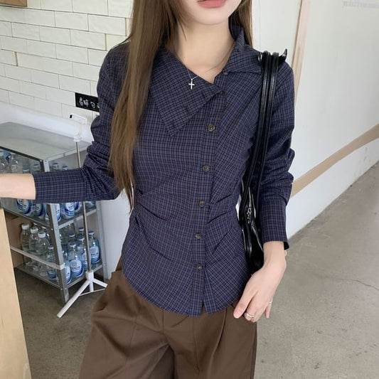 Plaid Ruched Shirt with Asymmetrical Neckline