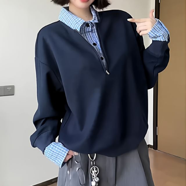 Plaid Panel Mock Two-Piece Pullover with Collar