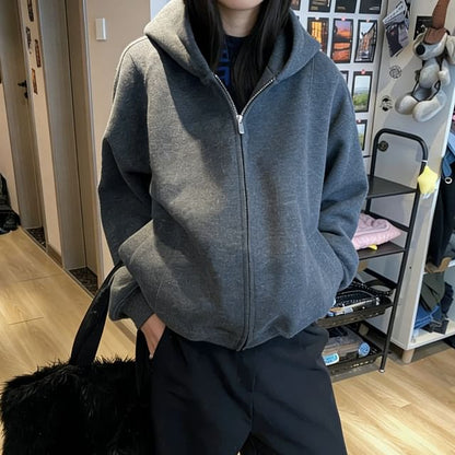 Drop Shoulder Zip-Up Hoodie in Solid Color