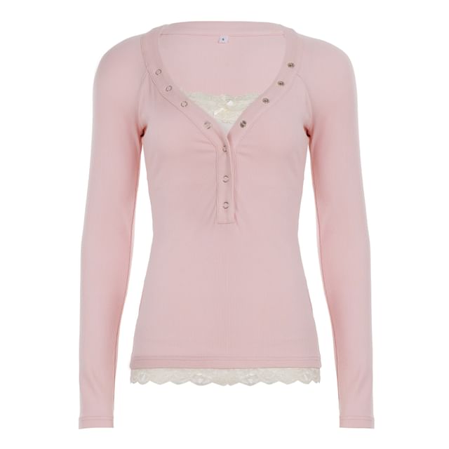 Mock Two-Piece Long-Sleeve Henley Lace Panel Slim Fit T-Shirt