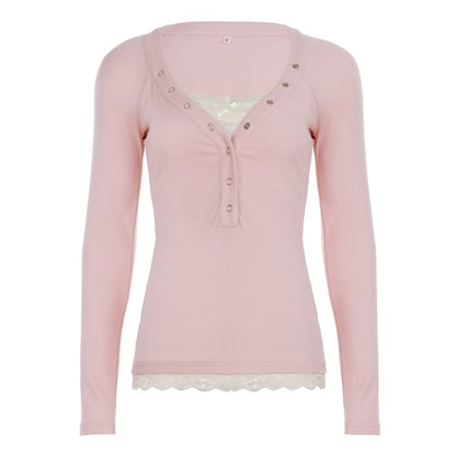 Mock Two-Piece Long-Sleeve Henley Lace Panel Slim Fit T-Shirt
