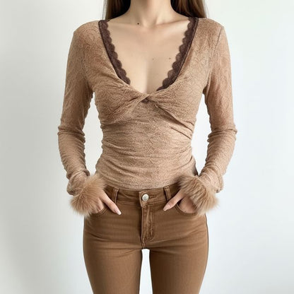 Long-Sleeve V-Neck Knot Fluffy Trim Lace Slim Fit Top