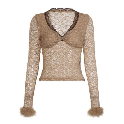 Long-Sleeve V-Neck Knot Fluffy Trim Lace Slim Fit Top