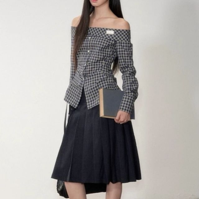 Off Shoulder Plaid Button Top with Pleated Midi Skirt