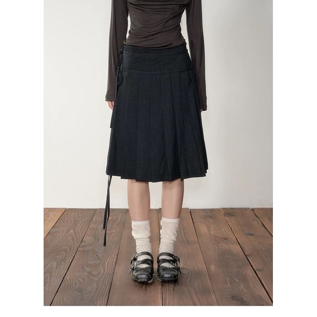 Off Shoulder Plaid Button Top with Pleated Midi Skirt