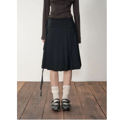 Off Shoulder Plaid Button Top with Pleated Midi Skirt